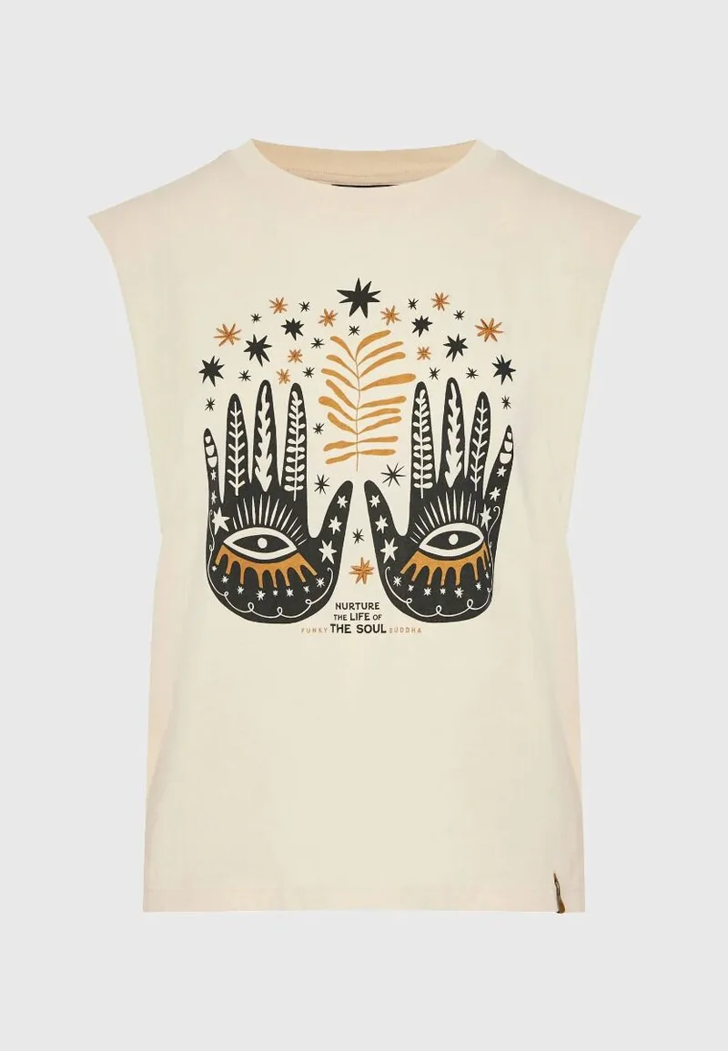 Funky Buddha Γυναικείο αμάνικο T-shirt με τύπωμα FBL013-123-04 Εκρου