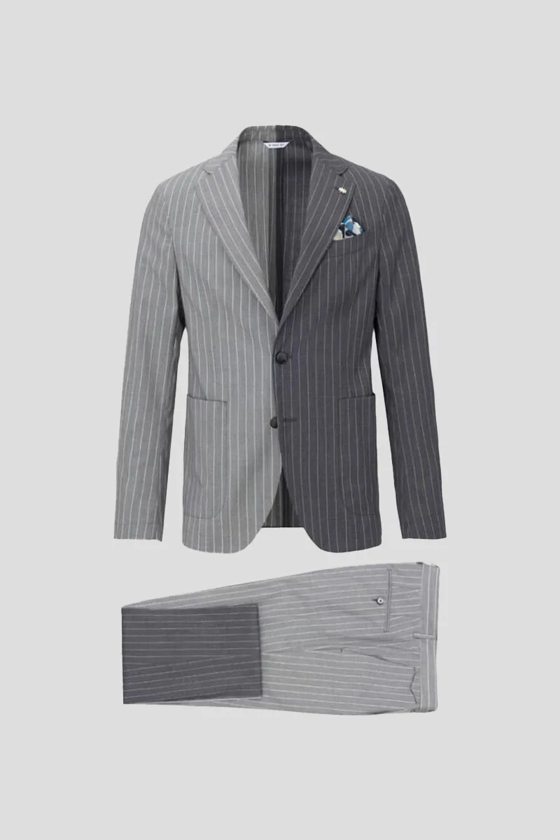 MANUEL RITZ Ανδρικό Γκρι Patchwork Pinstripe Suit