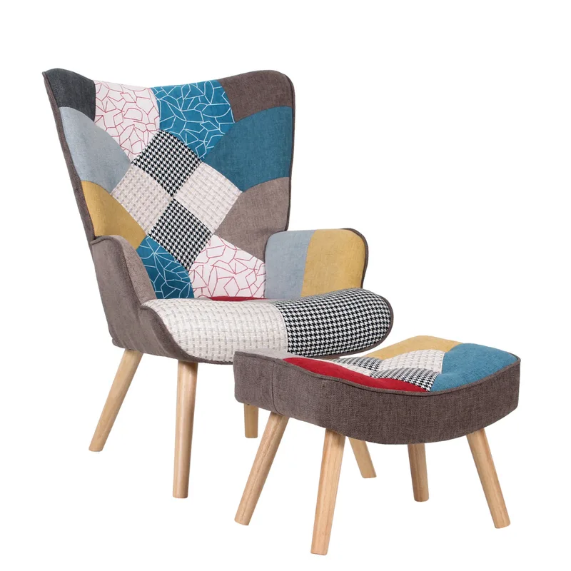 Πολυθρόνα Μπερζέρα Με Υποπόδιο ArteLibre BRIAR Patchwork Ύφασμα/Ξύλο 73x69x96cm