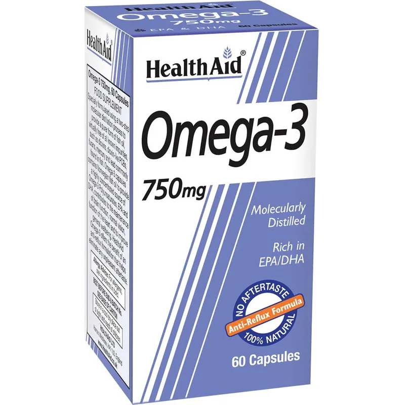 Health Aid Omega 3, 750mg Συμπλήρωμα Διατροφής Συμπυκνωμένου Ιχθυελαίου για τη Διατήρηση της Φυσιολογικής Εγκεφαλικής & Καρδιαγγειακής Λειτουργίας, της Αρτηριακής Πίεσης, των Επιπέδων Τριγλυκεριδίων & της Φυσιολογικής Όρασης Χωρίς Επίγευση Ψαριού 60c