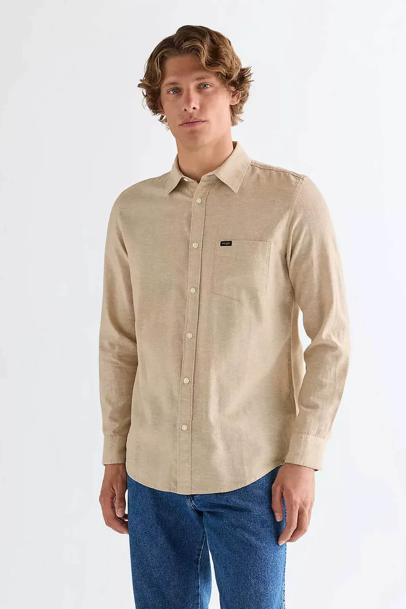Wrangler® ανδρικό πουκάμισο με λινάρι και τσέπη Regular Fit - 112378040 Μπεζ