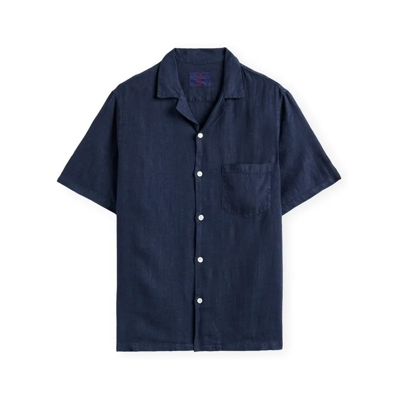 Πουκάμισο με κοντά μανίκια Portuguese Flannel Linen Camp Collar Shirt - Navy