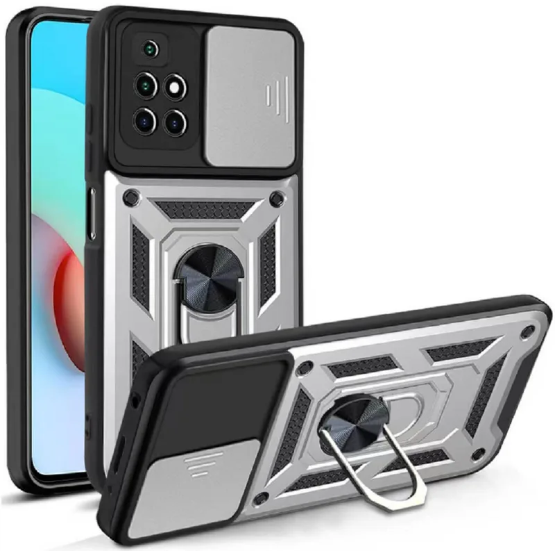 Bodycell Armor Slide - Ανθεκτική Θήκη Xiaomi Redmi 10 / Redmi 10 2022 με Κάλυμμα για την Κάμερα & Μεταλλικό Ring Holder - Silver (5206015015151)