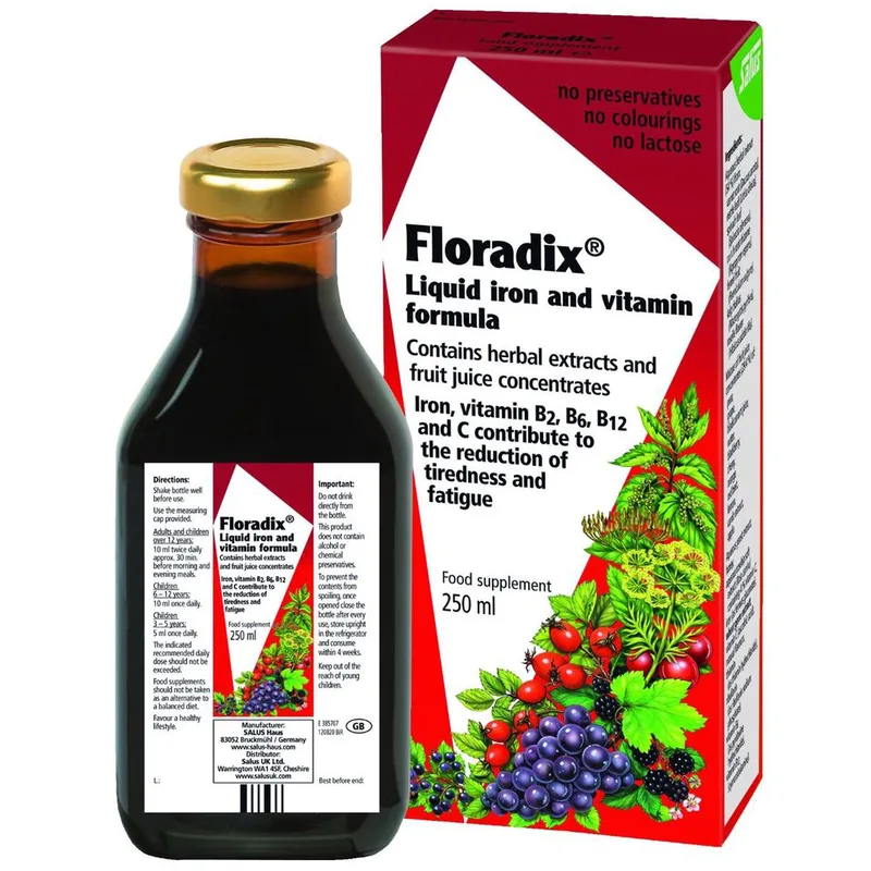 Floradix Liquid Iron & Vitamin Formula Συμπλήρωμα Διατροφής Σιδήρου & Βιταμινών Κατά της Αναιμίας για Φυσική Τόνωση & Ενέργεια με Ευχάριστη Γεύση 250ml