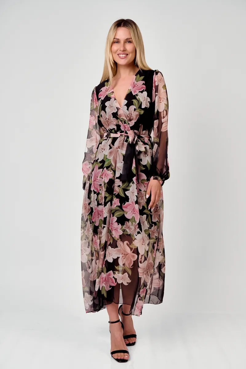 Maxi Floral Σατέν Φόρεμα Με Ζώνη Μαύρο