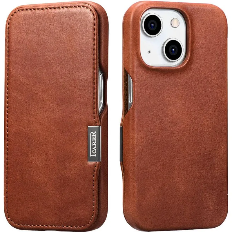 Θήκη iPhone 15 iCarer Vintage Series Side-Open Flip Σκληρή Δερμάτινη με MagSafe - Retro Brown (WMI15230613-SN)