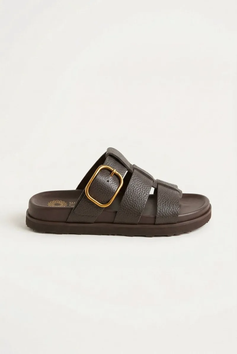 ATENEO Triple Strap Sandals Buckle Detail - 62302 - Dark Brown Matte
