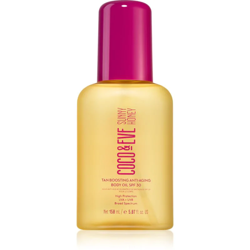 Coco & Eve Sunny Honey Tan Boosting Anti-Aging Body Oil SPF 30 προστατευτικό λάδι για επιτάχυνση του μαυρίσματος ενάντια στη γήρανση του δέρματος SPF