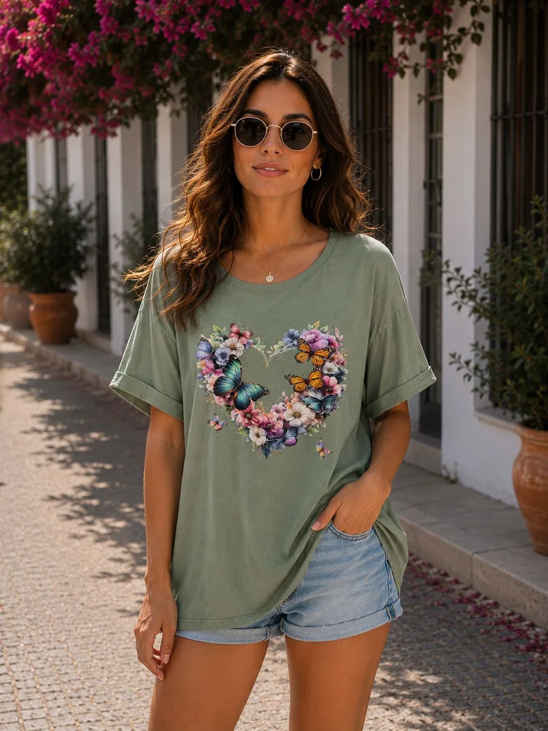 Oversized T-Shirt Με Butterfly Heart Print – Χακί | Dress Up Χακί