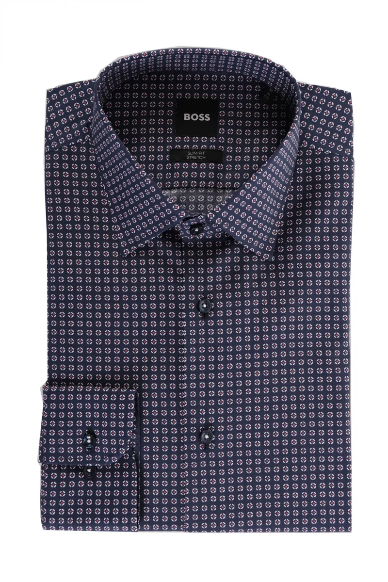 BOSS ΠΟΥΚΑΜΙΣΟ ΜΙΚΡΟΣΧΕΔΙΟ SLIM FIT STRETCH H-HANK-S-KENT-214 ΜΠΛΕ-ΜΠΟΡΝΤΩ