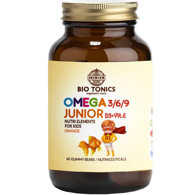Bio Tonics Junior Omega 3/6/9 with Vitamin D3 & E Συμπλήρωμα Διατροφής με Ωμέγα 3/6/9 Λιπαρά Οξέα & Βιταμίνες D3 & E για Σωστή Ανάπτυξη Εγκεφάλου, Όρασης, Καρδίας & Ενίσχυση του Ανοσοποιητικού για Παιδιά από 3 Ετών με Γεύση Πορτοκάλι 60 Ζελεδάκια