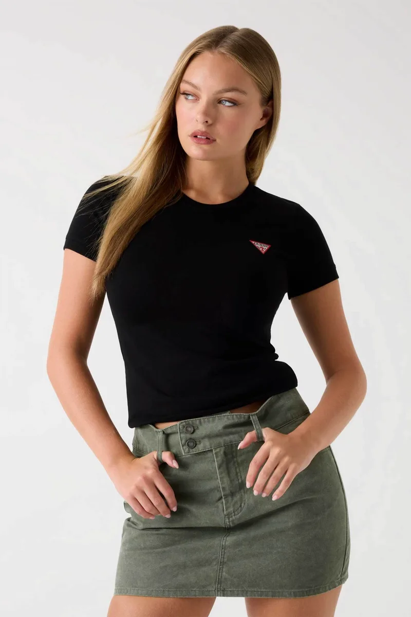 Guess γυναικείο T-shirt μονόχρωμο με λογότυπο Slim Fit - W2YI44J1314 Μαύρο