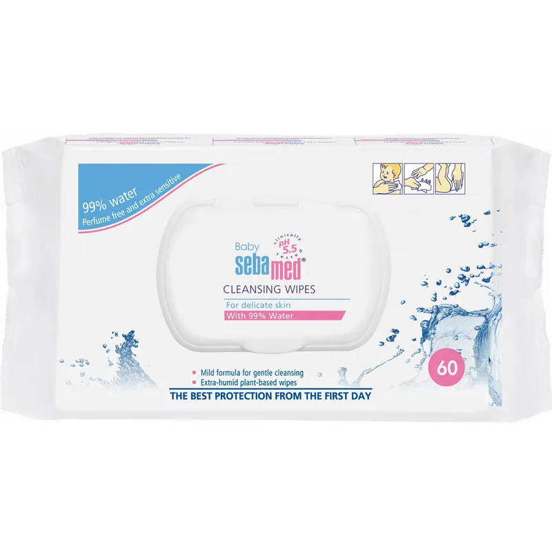 Sebamed 99% Water Baby Cleansing Wipes Μωρομάντηλα με 99% Νερό για Εύκολο, Απαλό Καθαρισμό & Προστασία της Ευαίσθητης Βρεφικής & Παιδικής Επιδερμίδας 60 Τεμάχια
