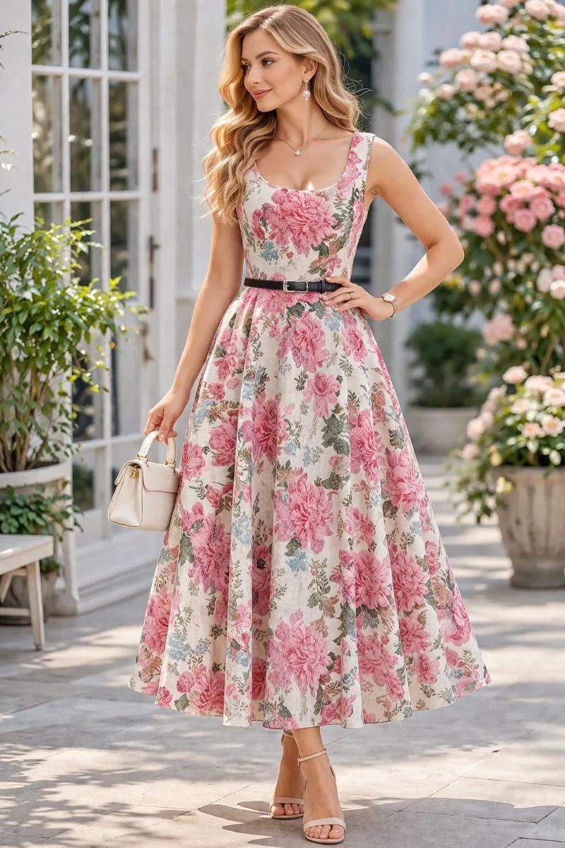 Γυναικείο Midi Floral Φόρεμα Με Τιράντες & Ζώνη – Ρομαντικό Αέρινο Φόρεμα Σε Ροζ | Dress Up Ροζ