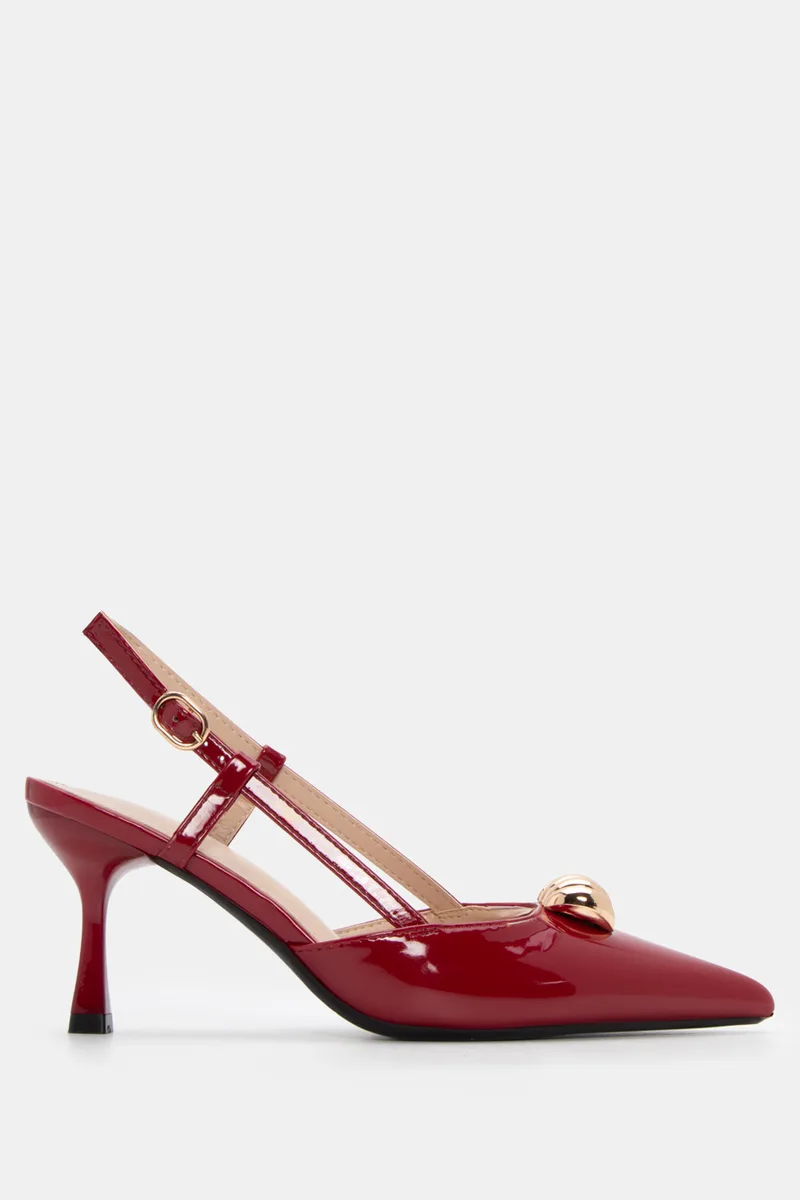 Γόβες Μυτερές Slingback με Διακοσμητική Τόκα - Μπορντό-Λουστρίνι