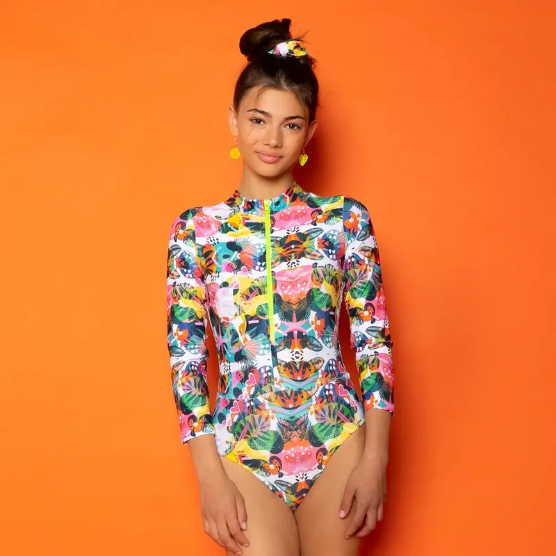 Girl's Zip Up Long Sleeve Bodysuit Tropical