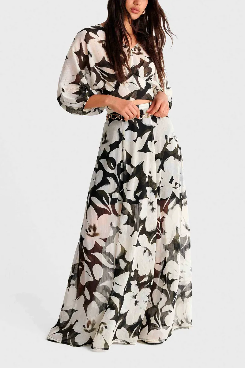 'ALE γυναικεία maxi φούστα με floral print και διαφάνεια - 8923050 Ασπρόμαυρο