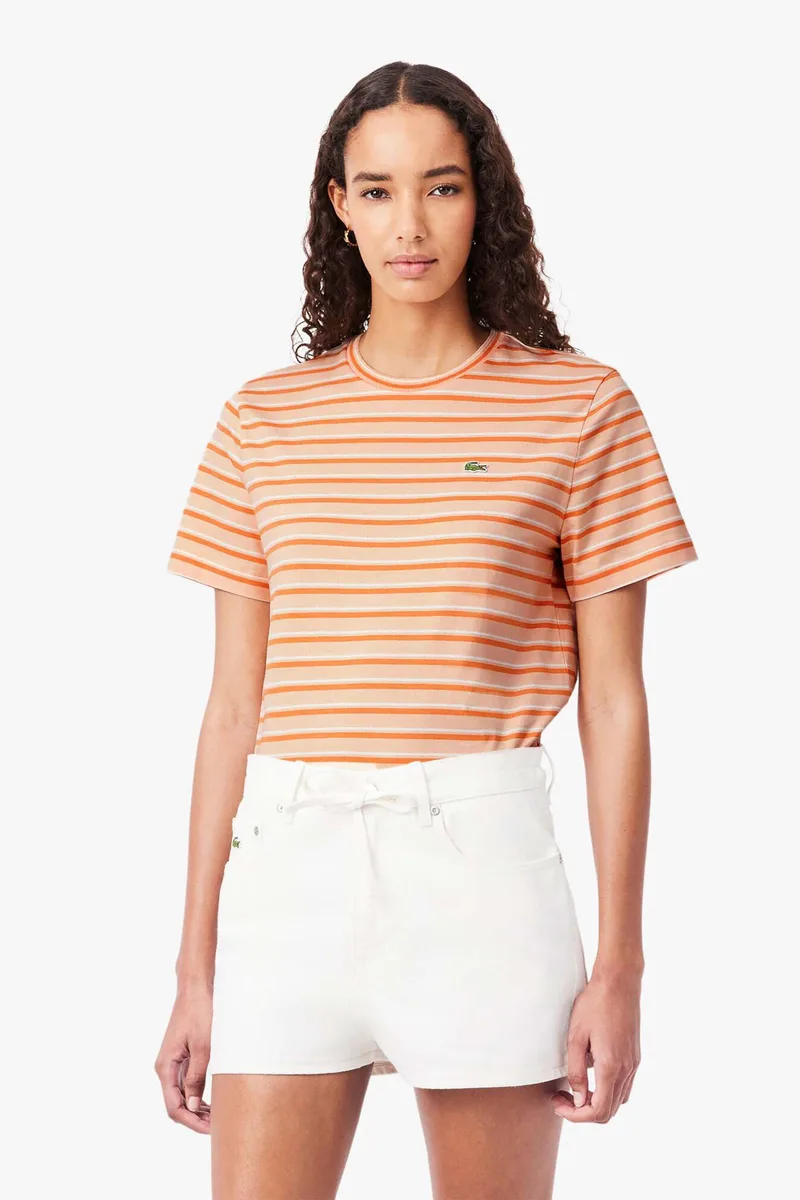 Lacoste γυναικείο T-shirt με ριγέ σχέδιο και κεντημένο λογότυπο Regular Fit - TF7574-00 Πορτοκαλί