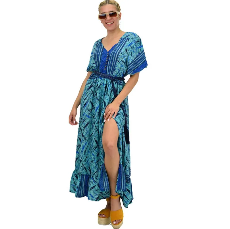 Γυναικείο μεταξωτό boho φόρεμα με κουμπιά χωρίς ζώνη Μπλε 21166