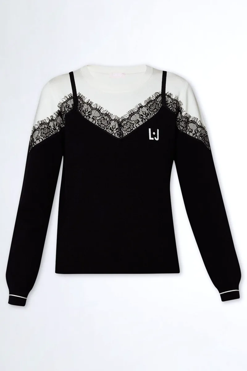 LIU-JO ΠΛΕΚΤΟ CREWNECK ΔΑΝΤΕΛΑ LOGO ΜΑΥΡΟ / ΛΕΥΚΟ