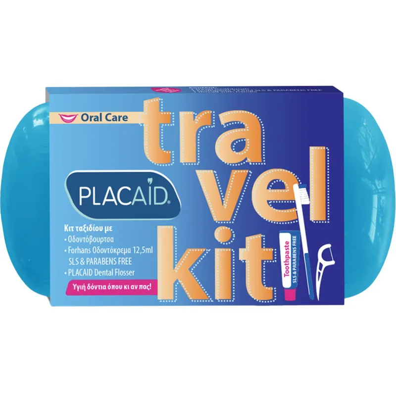 Plac Aid Oral Care Travel Kit Κιτ Ταξιδίου Στοματικής Υγιεινής που Περιλαμβάνει Οδοντόβουρτσα, Οδοντόκρεμα & Οδοντικό Νήμα με Λαβή 1 Τεμάχιο - Μπλε