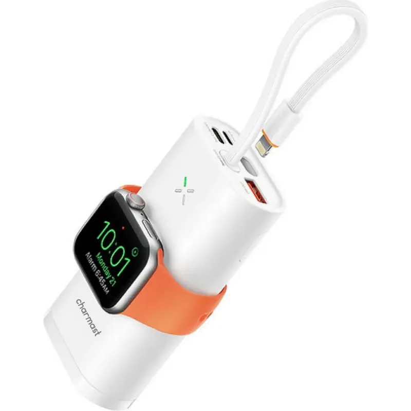 PowerBank Charmast 10.000 mAh με Θύρες 2 x Type-C / 1 x USB-A & Ασύρματος Φορτιστής Apple Watch / Καλώδιο Type-C σε Lightning 20W - White (W1162S)