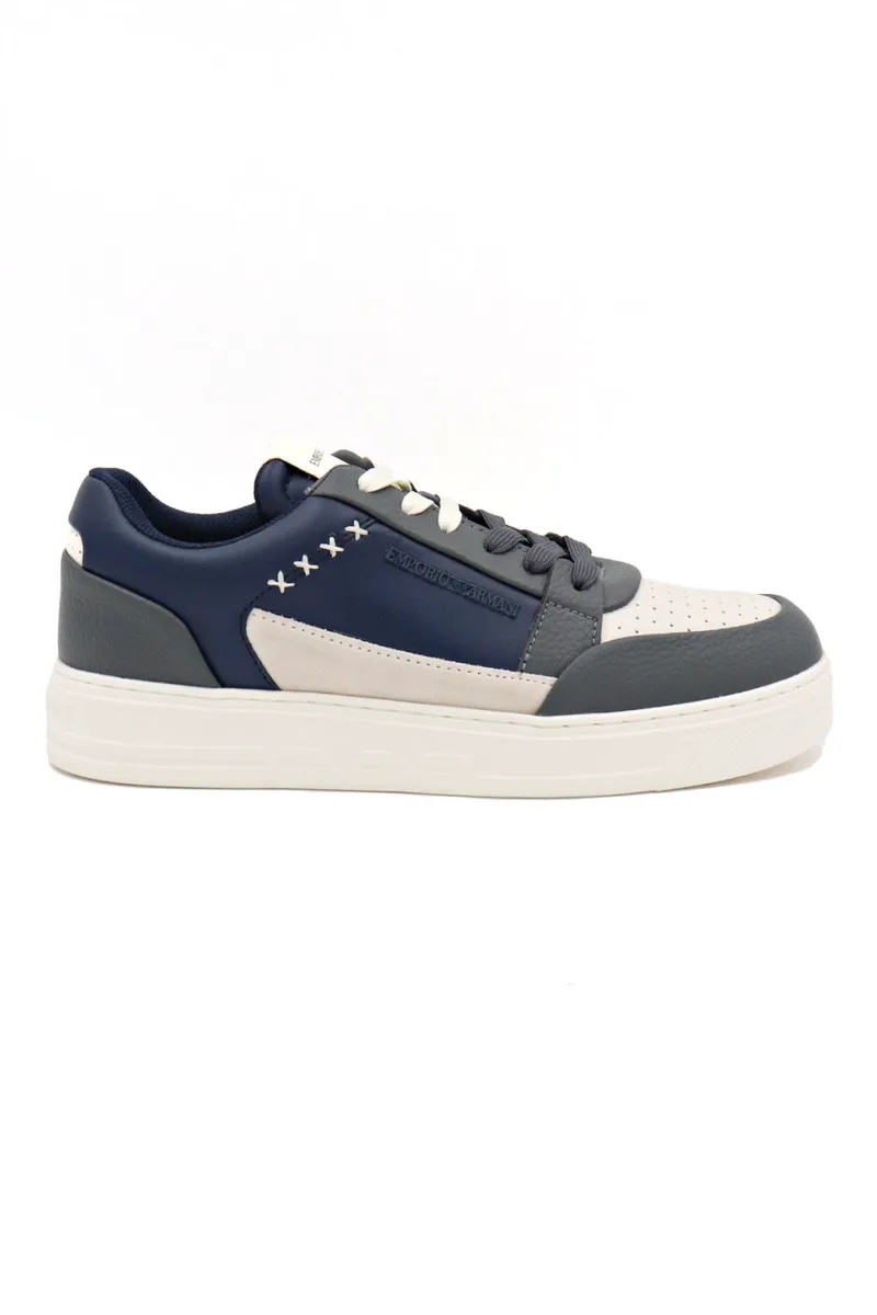 EMPORIO ARMANI ΠΑΠΟΥΤΣΙΑ SNEAKERS LOGO ΜΠΛΕ-ΛΕΥΚΟ-ΓΚΡΙ