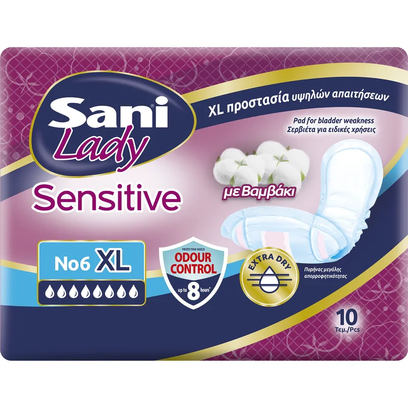Sani Sensitive Lady No6 Extra Large Μεγάλες Σερβιέτες με Βαμβάκι για Ελαφριά Μορφή Ακράτειας 10 Τεμάχια