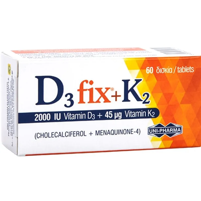 Uni-Pharma D3 Fix 2000iu + K2 45mg Συμπλήρωμα Διατροφής με Βιταμίνη D3 για την Καλή Λειτουργία των Οστών & Ανοσοποιητικού & Κ2 για τη Φυσιολογική Πήξη του Αίματος 60tabs