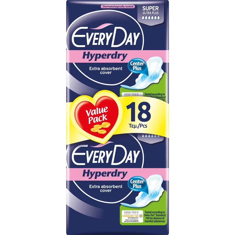 Every Day Hyperdry Super Ultra Plus Value Pack Πολύ Λεπτές Σερβιέτες Έξτρα Απορροφητικές,Ιδανικές για Πολύ Μεγάλη Ροή 18 Τεμάχια