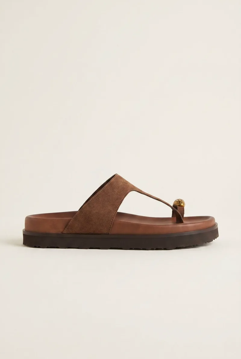 ATENEO Toe Ring Sandals T-Strap Snake Detail - 62303 - Καφέ Σουέτ
