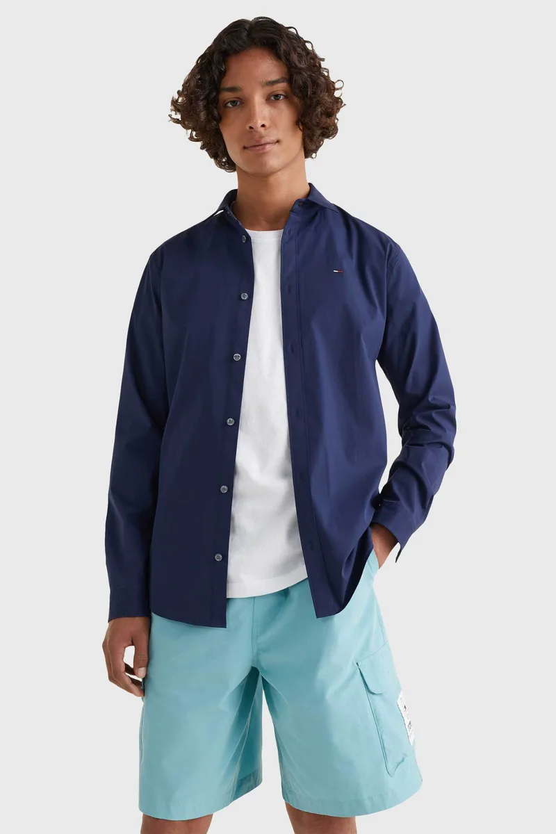 Tommy Jeans ανδρικό πουκάμισο stretch με κεντημένο λογότυπο Slim Fit - DM0DM04405 Μπλε Σκούρο