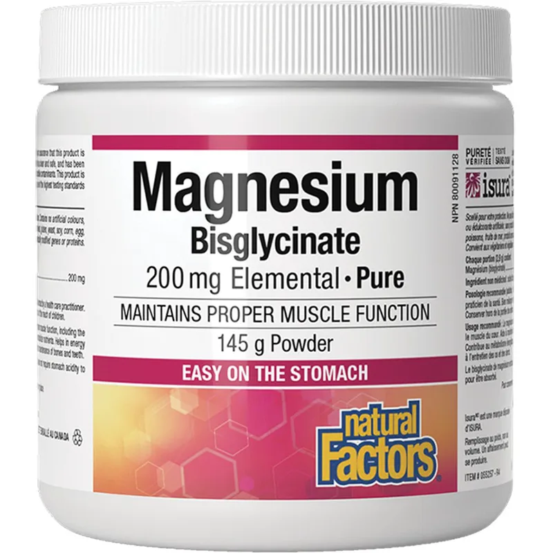 Natural Factors Magnesium Bisglycinate 200mg Συμπλήρωμα Διατροφής Μαγνησίου Δισγλυκινικής Μορφής Υψηλής Βιοδιαθεσιμότητας Ήπιο στο Στομάχι που Καταπραΰνει το Νευρικό Σύστημα, Βοηθάει στην Ψυχολογία & στην Καλή Υγεία των Οστών & Μυών σε Σκόνη 145g