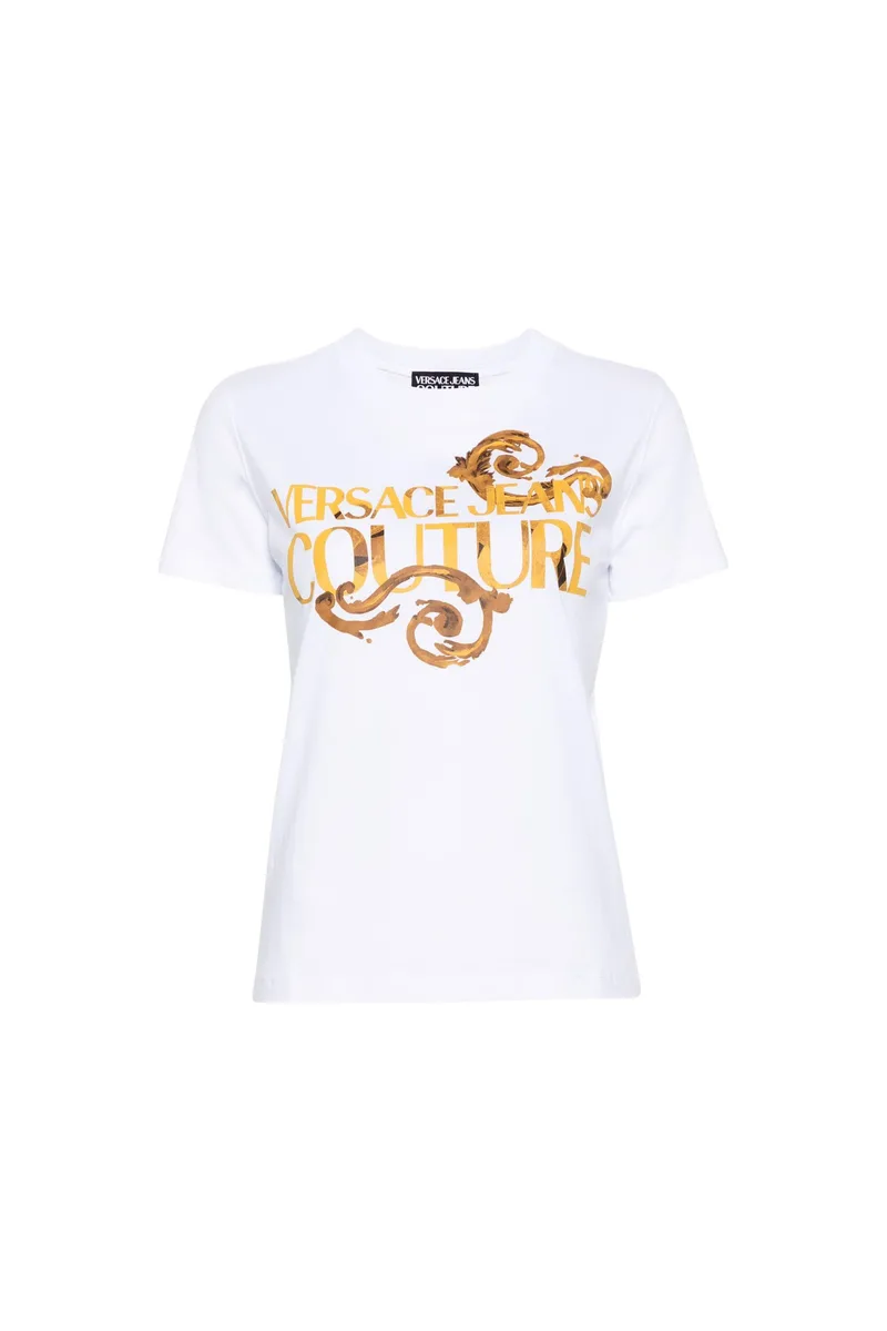 Versace Jeans Couture γυναικείο T-shirt μονόχρωμο βαμβακερό με contrast logo και Baroque print - 76HAHG00CJ00G Λευκό