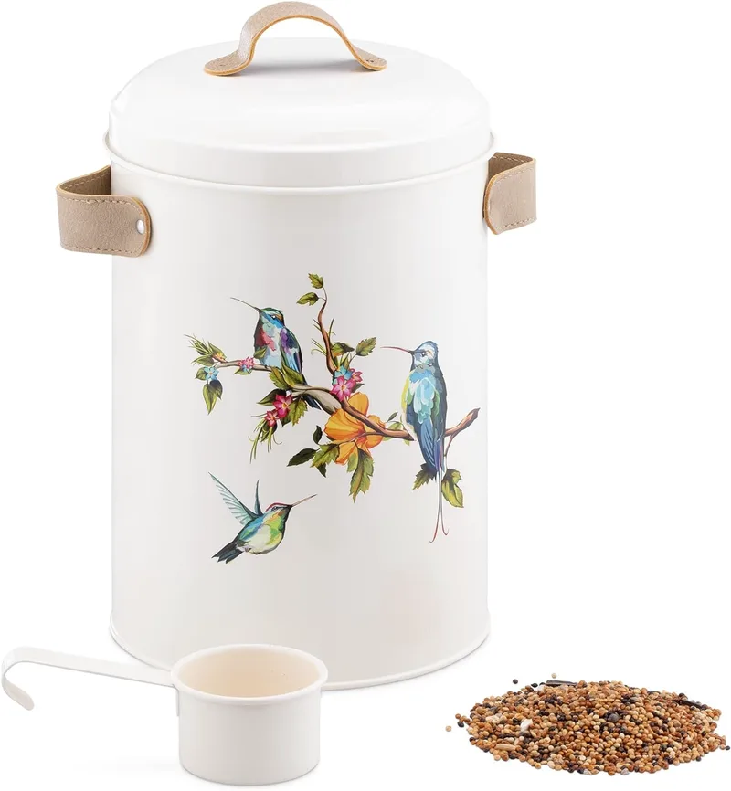 Navaris Bird Seed Container - Μεταλλικό Δοχείο Αποθήκευσης Τροφής για Πουλιά / Ξηράς Τροφής για Κατοικίδια με Σέσουλα και Λαβές από PU Δέρμα - 4.9L (60167.01)