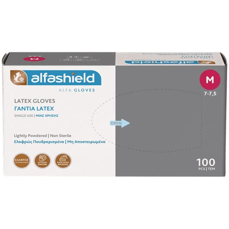 AlfaShield Latex Gloves Εξεταστικά Γάντια Ελαφρώς Πουδραρισμένα & μη Αποστειρωμένα 100 Τεμάχια - Medium