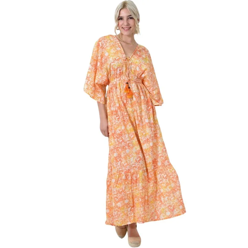 Μακρύ φόρεμα καφτάνι με μοτίβο Πορτοκαλί 24556