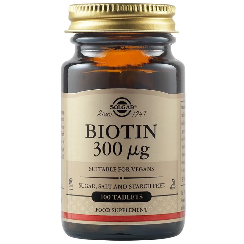 Solgar Biotin 300μg Συμπλήρωμα Διατροφής Βιοτίνης που Συμβάλλει στη Φυσιολογική Λειτουργία του Νευρικού Συστήματος & στην Υγεία των Μαλλιών του Δέρματος & Νυχιών 100tabs