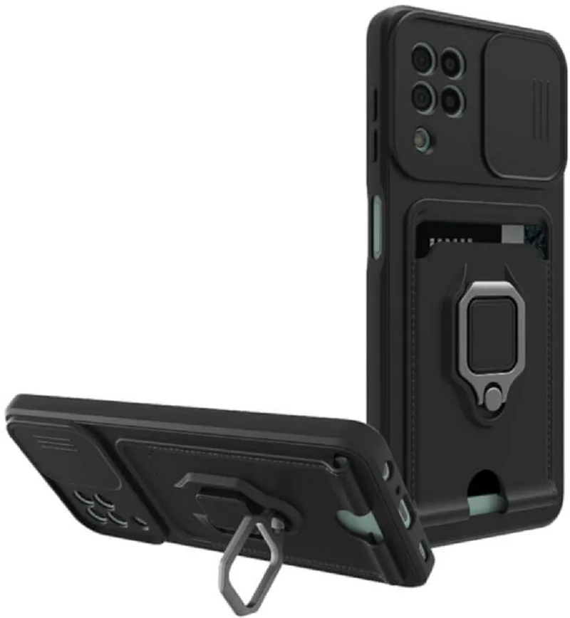 Bodycell Multifunction - Ανθεκτική Θήκη Samsung Galaxy A12 με Λουράκι Λαιμού / Κάλυμμα Κάμερας / Ring Holder / Υποδοχή Κάρτας - Black (5206015016295)