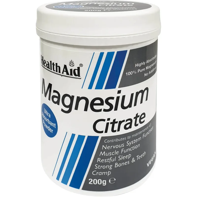 Health Aid Magnesium Citrate Powder Συμπλήρωμα Διατροφής Μαγνησίου Κιτρικής Μορφής για την Καλή Λειτουργία των Μυών, Νευρικού Συστήματος & Μείωση Κούρασης & Κόπωσης σε Σκόνη 200g