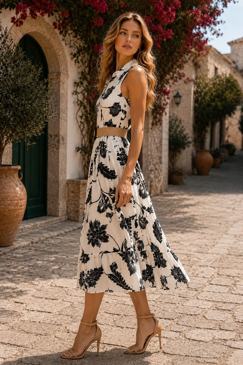 Maxi Φλοράλ Φόρεμα με Ζώνη και Γιακά - Μαύρο | Dress Up Μαύρο