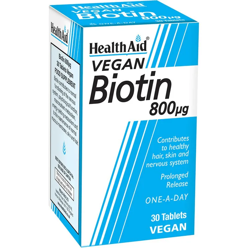 Health Aid Vegan Biotin 800μg Συμπλήρωμα Διατροφής Βιοτίνης (Βιταμίνης Β7) Βραδείας Αποδέσμευσης Φυτικής Προέλευσης για την Καλή Υγεία των Μαλλιών & του Δέρματος 30tabs