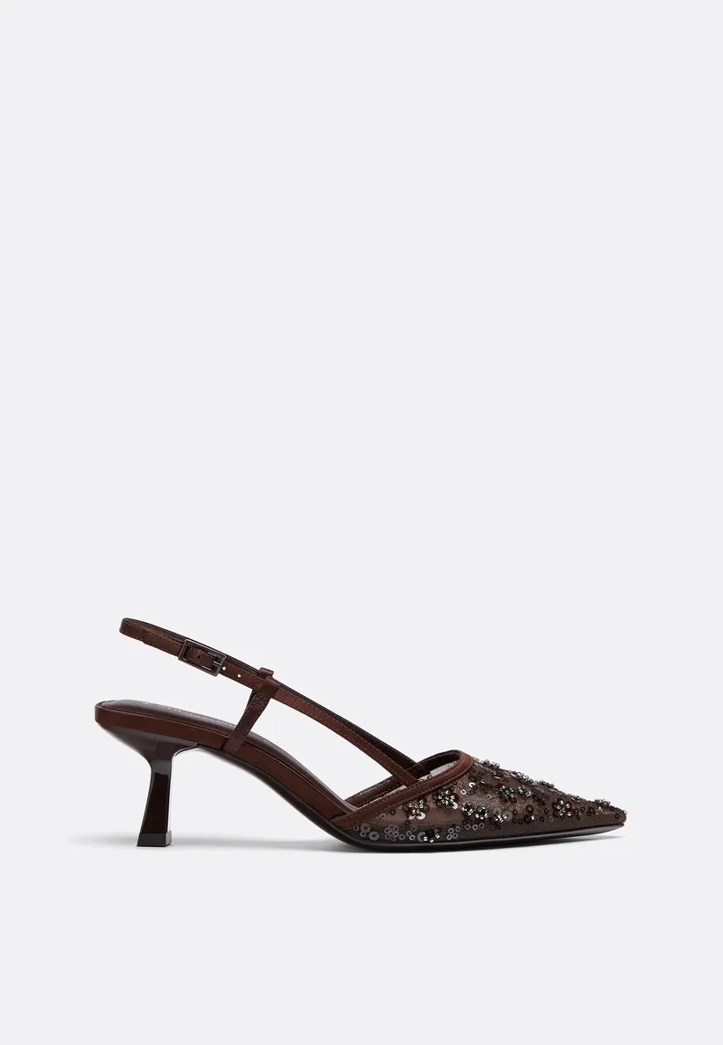 Stradivarius Γόβες Kitten Heel Τούλινες Με Στρας Καφέ 41