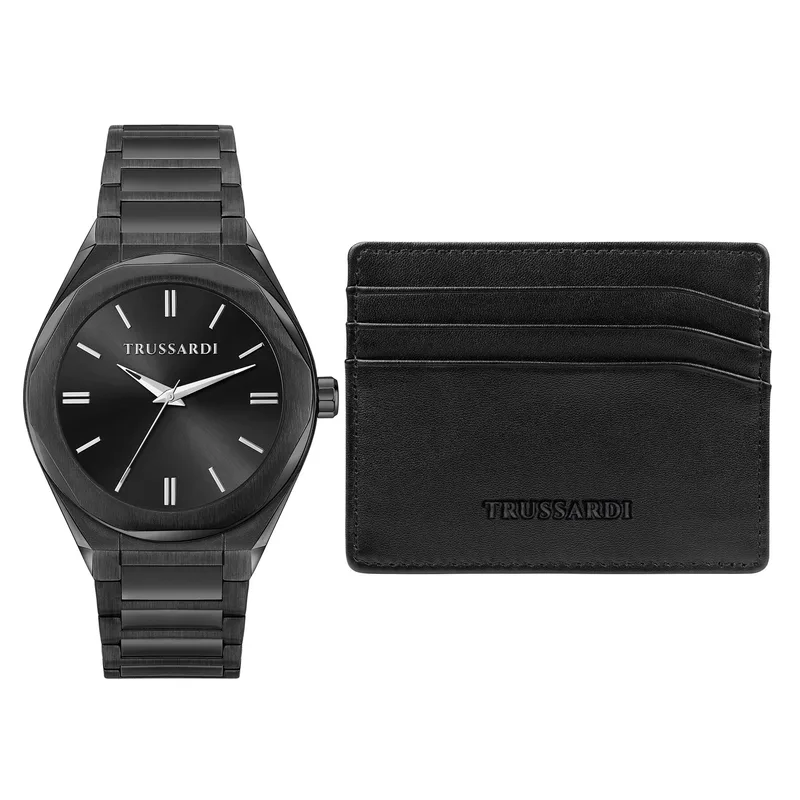 Σετ Ρολόι και Θήκη Επαγγελματικών Καρτών Trussardi R2453156007 Μαύρο