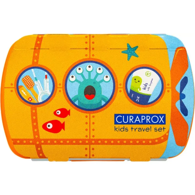 Curaprox Kids Oral Hygiene Σετ Ταξιδιού Στοματικής Φροντίδας Παιδιών από 6 έως 12 Ετών με Οδοντόκρεμα με Γεύση Μέντα, Οδοντόβουρτσα με Πολύ μαλακές Ίνες, Μεσοδόντια & Θήκη Travel Set 1 Τεμάχιο - Πορτοκαλί