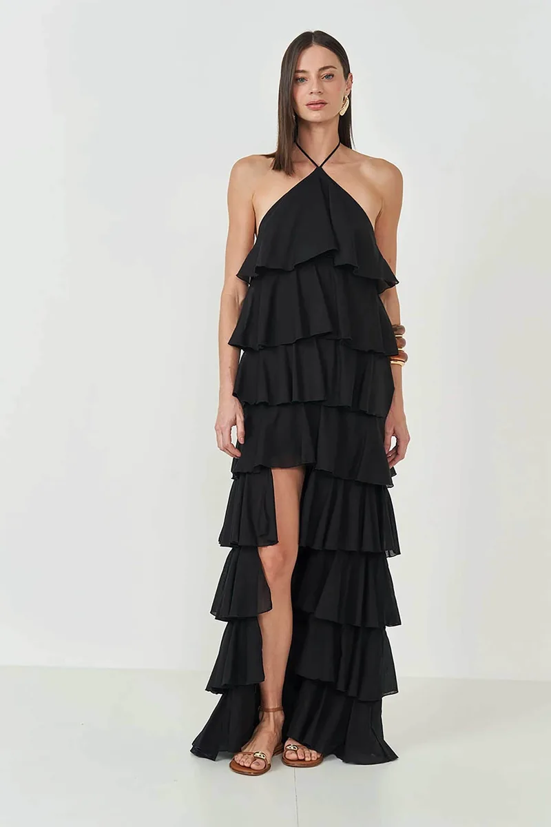 Colcci γυναικείο midi αμάνικο φόρεμα με layers και βολάν - 044.01.14678 Μαύρο