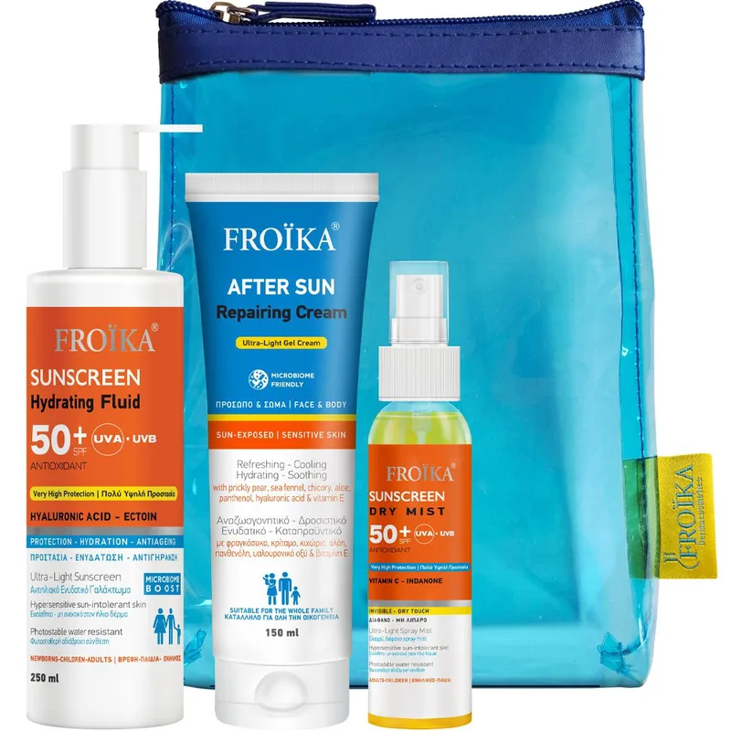 Froika Promo Sunscreen Hydrating Fluid Antioxidant Spf50+, 250ml & After Sun Repairing Ultra-Light Gel Cream 150ml & Δώρο Dry Mist Body Sunscreen Spf50+, 80ml & Νεσεσέρ 1 Τεμάχιο