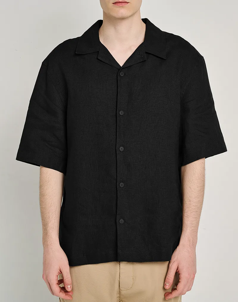 STAFF Ron Man Shirt Linen Short Sleeve 30%Linen 70%Co 61-202.055-Ν0090 Black
