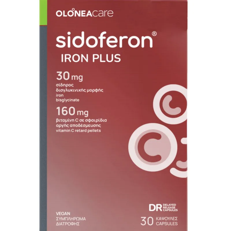 Olonea Sidoferon Iron Plus Συμπλήρωμα Διατροφής με Σίδηρο & Βιταμίνη C για Τόνωση & Ενέργεια 30veg.caps
