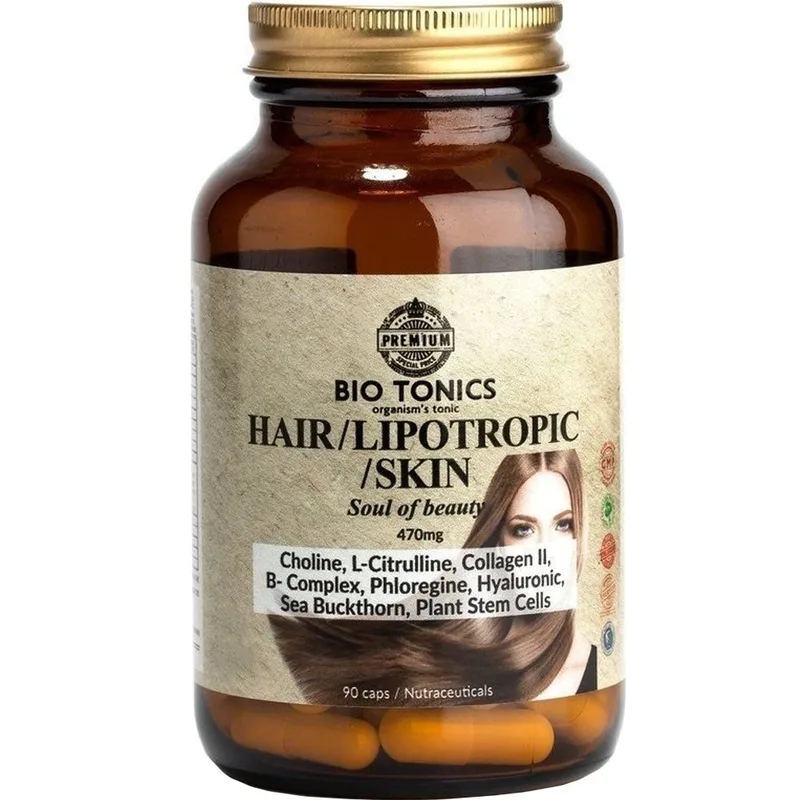 Bio Tonics Hair-Lipotropic-Skin Συμπλήρωμα Διατροφής Λιποτροπικής Φόρμουλας με Βιταμίνες, Αμινοξέα, Κολλαγόνο, Υαλουρονικό Οξύ & Φυτικά Εκχυλίσματα για την Υγεία των Μαλλιών, Δέρματος & Διαχείριση Βάρους 90caps